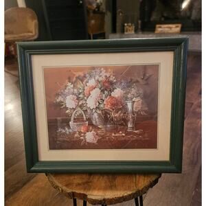 Framed Matted Art Print by T.C. Chiu Carnation Flowers and Cherries 9x11"